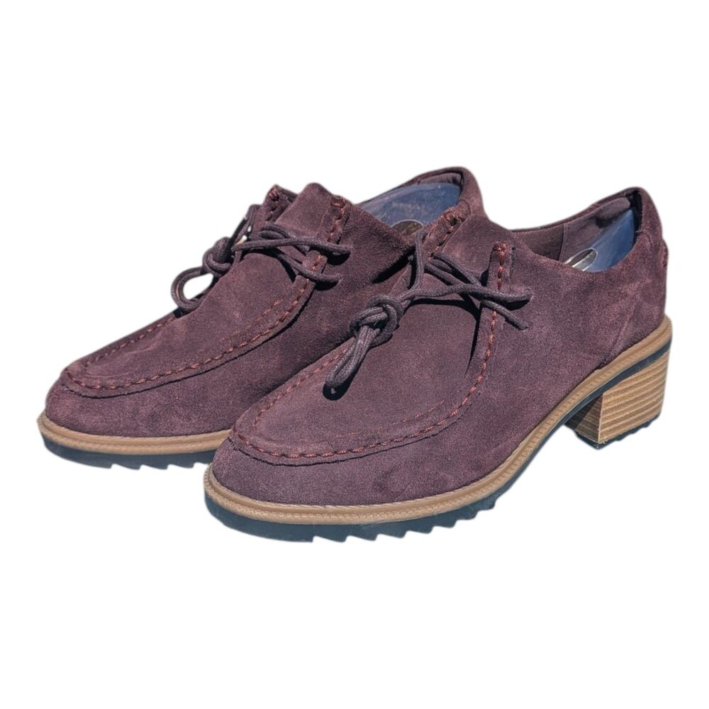 Clarks Somerset Balmer Willow Purple Suede Heeled Wallabee Loafers Womens Size 9